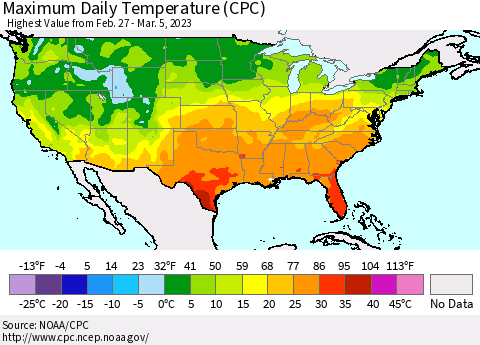 United States Maximum Daily Temperature (CPC) Thematic Map For 2/27/2023 - 3/5/2023