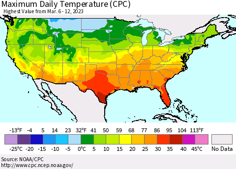 United States Maximum Daily Temperature (CPC) Thematic Map For 3/6/2023 - 3/12/2023