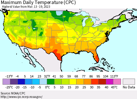 United States Maximum Daily Temperature (CPC) Thematic Map For 3/13/2023 - 3/19/2023