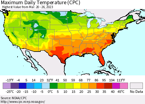 United States Maximum Daily Temperature (CPC) Thematic Map For 3/20/2023 - 3/26/2023