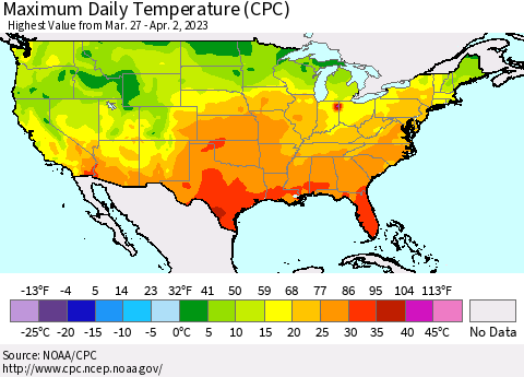 United States Maximum Daily Temperature (CPC) Thematic Map For 3/27/2023 - 4/2/2023