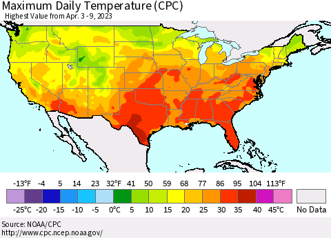 United States Maximum Daily Temperature (CPC) Thematic Map For 4/3/2023 - 4/9/2023