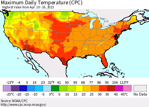 United States Maximum Daily Temperature (CPC) Thematic Map For 4/10/2023 - 4/16/2023