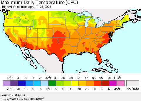 United States Maximum Daily Temperature (CPC) Thematic Map For 4/17/2023 - 4/23/2023
