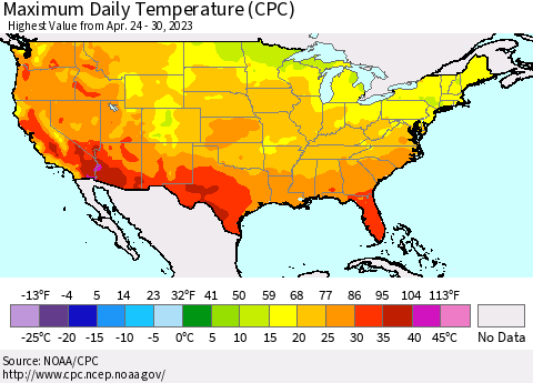 United States Maximum Daily Temperature (CPC) Thematic Map For 4/24/2023 - 4/30/2023