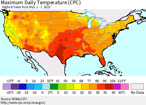 United States Maximum Daily Temperature (CPC) Thematic Map For 5/1/2023 - 5/7/2023