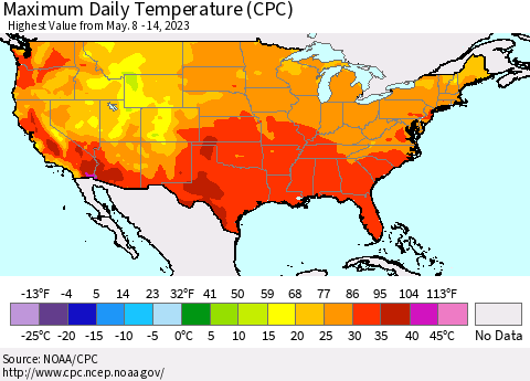 United States Maximum Daily Temperature (CPC) Thematic Map For 5/8/2023 - 5/14/2023