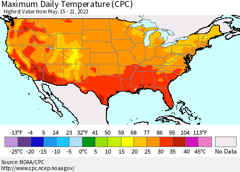 United States Maximum Daily Temperature (CPC) Thematic Map For 5/15/2023 - 5/21/2023