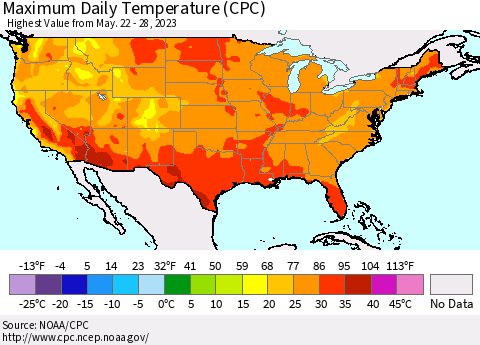 United States Maximum Daily Temperature (CPC) Thematic Map For 5/22/2023 - 5/28/2023