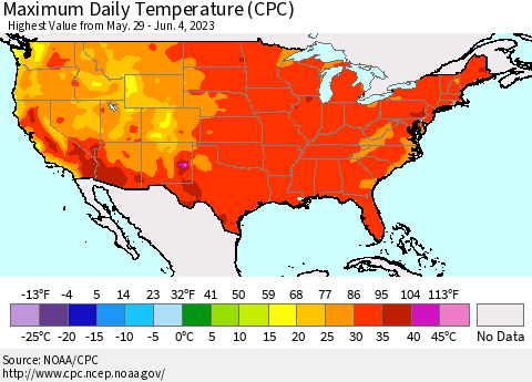 United States Maximum Daily Temperature (CPC) Thematic Map For 5/29/2023 - 6/4/2023