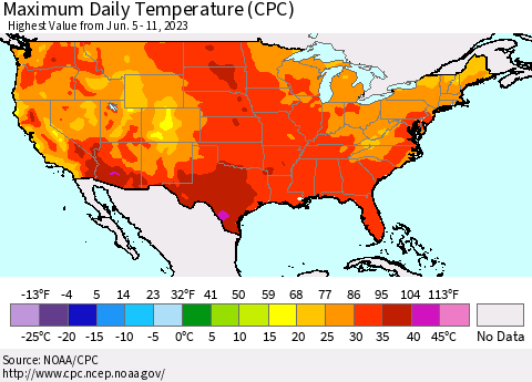United States Maximum Daily Temperature (CPC) Thematic Map For 6/5/2023 - 6/11/2023