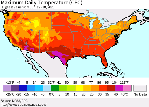 United States Maximum Daily Temperature (CPC) Thematic Map For 6/12/2023 - 6/18/2023