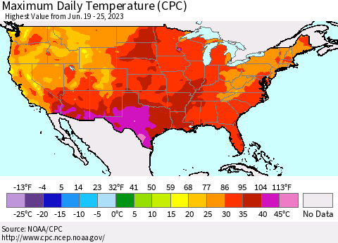 United States Maximum Daily Temperature (CPC) Thematic Map For 6/19/2023 - 6/25/2023
