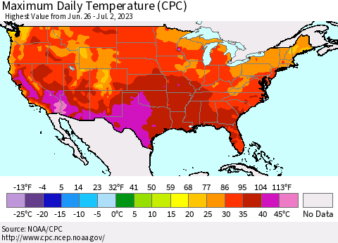 United States Maximum Daily Temperature (CPC) Thematic Map For 6/26/2023 - 7/2/2023