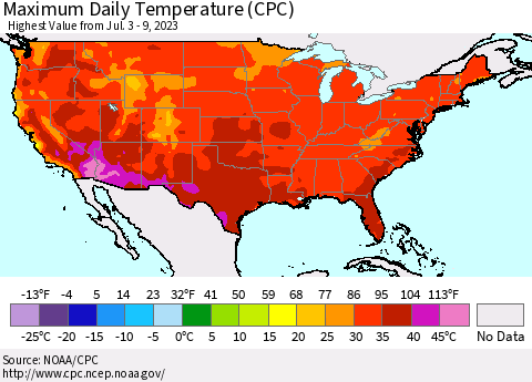 United States Maximum Daily Temperature (CPC) Thematic Map For 7/3/2023 - 7/9/2023