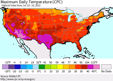 United States Maximum Daily Temperature (CPC) Thematic Map For 7/10/2023 - 7/16/2023