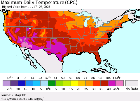 United States Maximum Daily Temperature (CPC) Thematic Map For 7/17/2023 - 7/23/2023