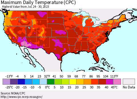 United States Maximum Daily Temperature (CPC) Thematic Map For 7/24/2023 - 7/30/2023