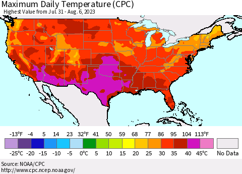 United States Maximum Daily Temperature (CPC) Thematic Map For 7/31/2023 - 8/6/2023