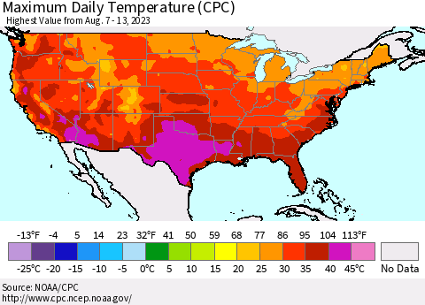 United States Maximum Daily Temperature (CPC) Thematic Map For 8/7/2023 - 8/13/2023