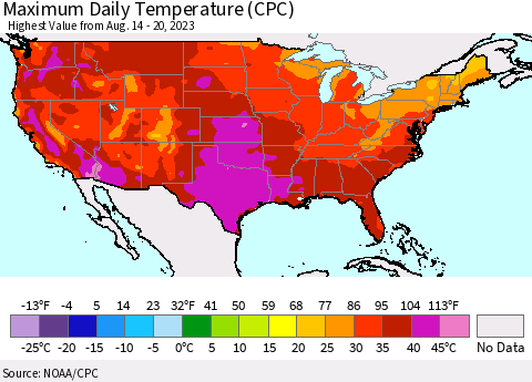 United States Maximum Daily Temperature (CPC) Thematic Map For 8/14/2023 - 8/20/2023