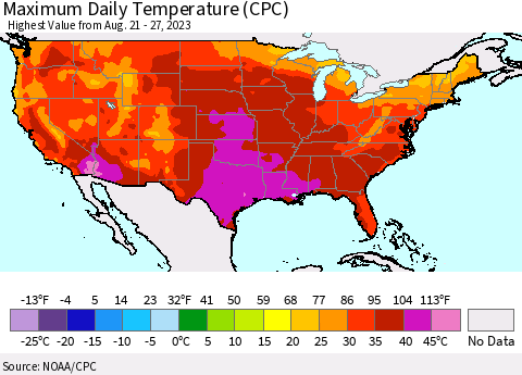 United States Maximum Daily Temperature (CPC) Thematic Map For 8/21/2023 - 8/27/2023