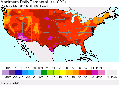 United States Maximum Daily Temperature (CPC) Thematic Map For 8/28/2023 - 9/3/2023