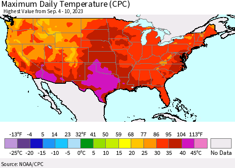 United States Maximum Daily Temperature (CPC) Thematic Map For 9/4/2023 - 9/10/2023