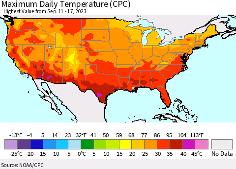 United States Maximum Daily Temperature (CPC) Thematic Map For 9/11/2023 - 9/17/2023