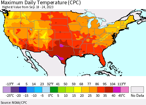 United States Maximum Daily Temperature (CPC) Thematic Map For 9/18/2023 - 9/24/2023