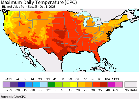 United States Maximum Daily Temperature (CPC) Thematic Map For 9/25/2023 - 10/1/2023