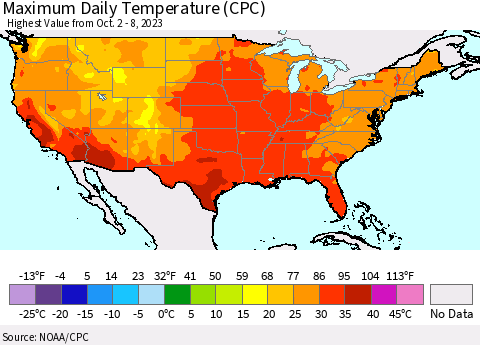 United States Maximum Daily Temperature (CPC) Thematic Map For 10/2/2023 - 10/8/2023