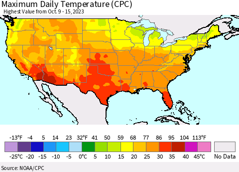 United States Maximum Daily Temperature (CPC) Thematic Map For 10/9/2023 - 10/15/2023