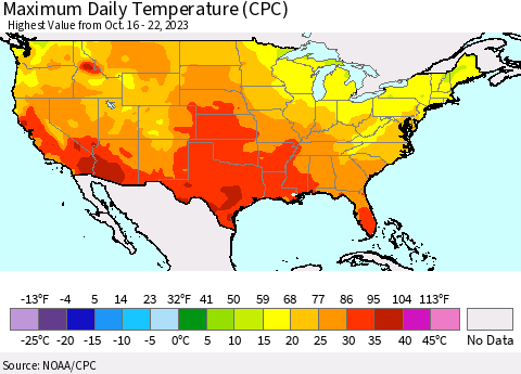 United States Maximum Daily Temperature (CPC) Thematic Map For 10/16/2023 - 10/22/2023