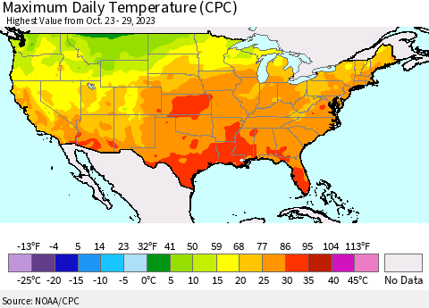 United States Maximum Daily Temperature (CPC) Thematic Map For 10/23/2023 - 10/29/2023