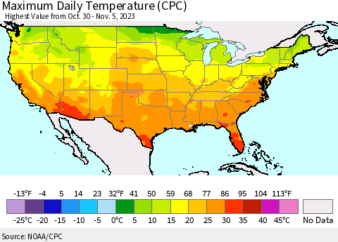 United States Maximum Daily Temperature (CPC) Thematic Map For 10/30/2023 - 11/5/2023