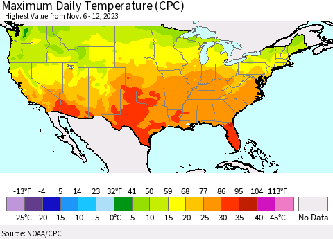 United States Maximum Daily Temperature (CPC) Thematic Map For 11/6/2023 - 11/12/2023