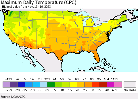 United States Maximum Daily Temperature (CPC) Thematic Map For 11/13/2023 - 11/19/2023