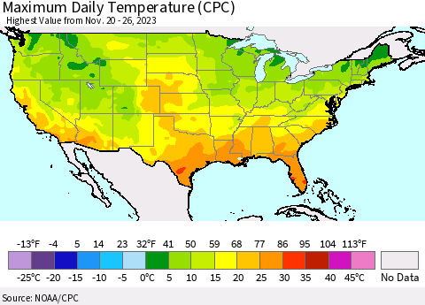 United States Maximum Daily Temperature (CPC) Thematic Map For 11/20/2023 - 11/26/2023