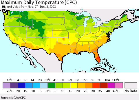United States Maximum Daily Temperature (CPC) Thematic Map For 11/27/2023 - 12/3/2023