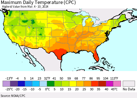 United States Maximum Daily Temperature (CPC) Thematic Map For 3/4/2024 - 3/10/2024