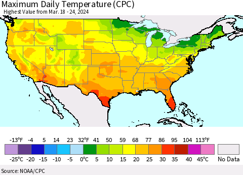 United States Maximum Daily Temperature (CPC) Thematic Map For 3/18/2024 - 3/24/2024