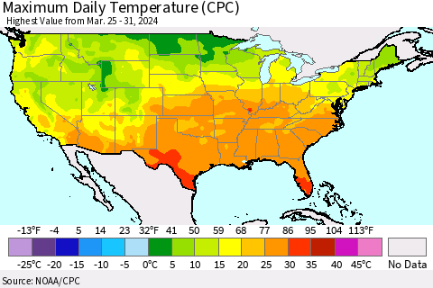 United States Maximum Daily Temperature (CPC) Thematic Map For 3/25/2024 - 3/31/2024