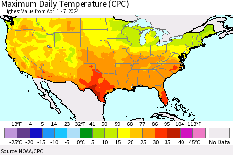 United States Maximum Daily Temperature (CPC) Thematic Map For 4/1/2024 - 4/7/2024