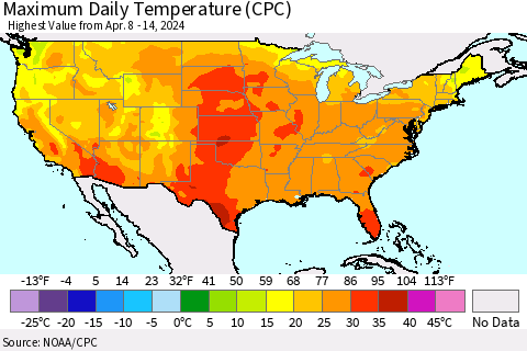 United States Maximum Daily Temperature (CPC) Thematic Map For 4/8/2024 - 4/14/2024