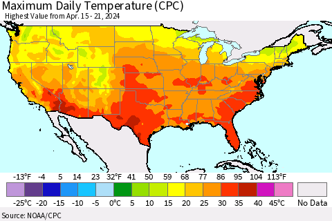 United States Maximum Daily Temperature (CPC) Thematic Map For 4/15/2024 - 4/21/2024