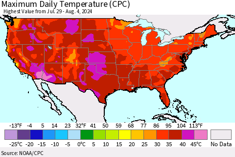 United States Maximum Daily Temperature (CPC) Thematic Map For 7/29/2024 - 8/4/2024