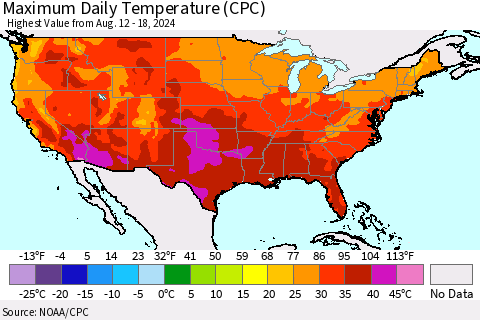 United States Maximum Daily Temperature (CPC) Thematic Map For 8/12/2024 - 8/18/2024