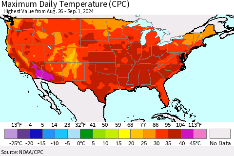 United States Maximum Daily Temperature (CPC) Thematic Map For 8/26/2024 - 9/1/2024