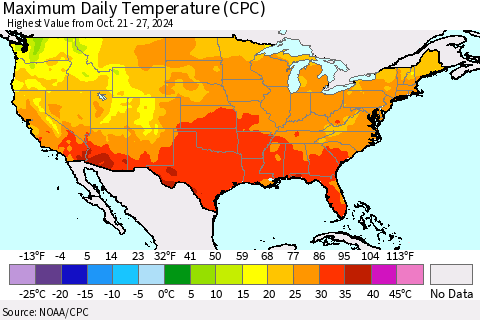 United States Maximum Daily Temperature (CPC) Thematic Map For 10/21/2024 - 10/27/2024
